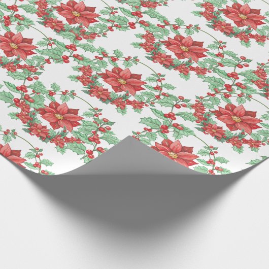 Papier Cadeau White Green Red Wreath Poinsettia (Coin)