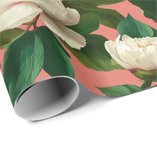 Papier Cadeau White Peonies on pechy background pattern (Coin rond)