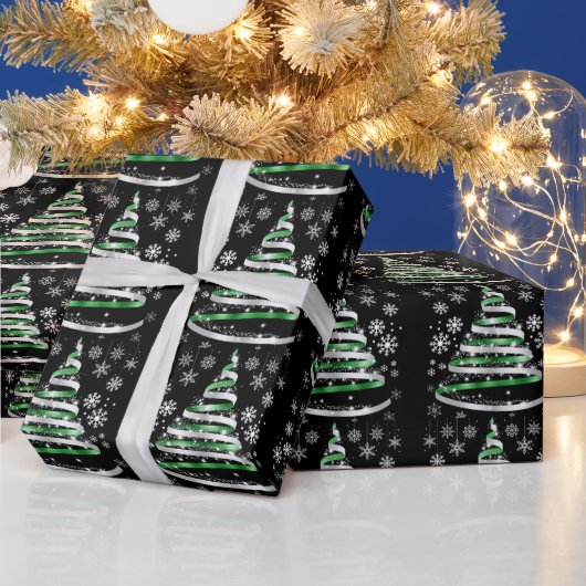 Papier Cadeau White Snowflake Silver Green Ribbon Christmas Tree (Vacances)