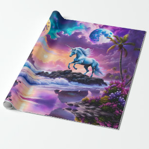 Papier Cadeau White Unicorn Imaginaire Tropical Beach