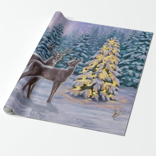 Papier Cadeau Whitetail Deer & Christmas Tree Scene hivernale (Déroulé)