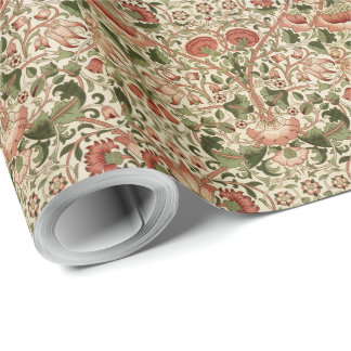 Papier Cadeau William Morris Fleurs Lodden Foliage Vert rose