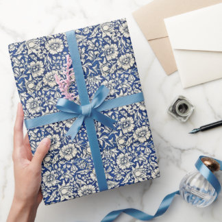 Papier Cadeau William Morris Fleurs Mallow Floral Bleu Blanc Bla