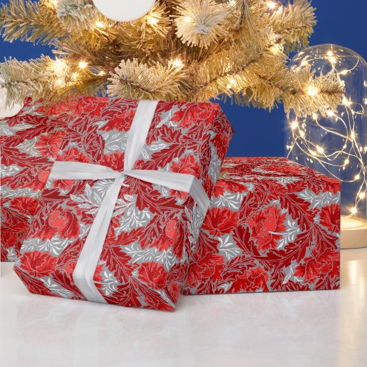 Papier Cadeau William Morris Floral, Deep Red et Silver Grey (Vacances)
