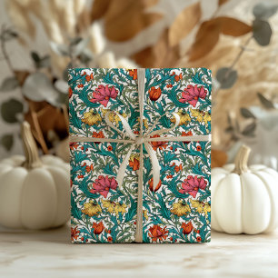 Papier Cadeau William Morris inspiré cuivre rose jaune floral