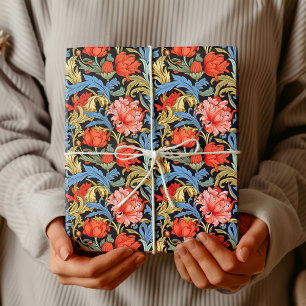 Papier Cadeau William Morris inspiré rouge profond pastel bleu r