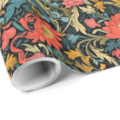 Papier Cadeau William Morris inspiré terre cuite pastel bleu (Coin rond)