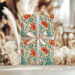 Papier Cadeau William Morris inspiré terre cuite pastel bleu