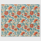 Papier Cadeau William Morris inspiré terre cuite pastel bleu (Plat)