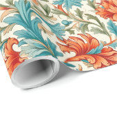 Papier Cadeau William Morris inspiré terre cuite pastel bleu (Coin rond)