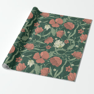 Papier Cadeau William Morris Inspiré Vert Rouge Botanique Floral