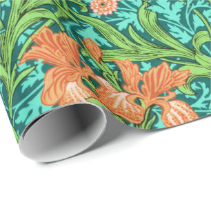 Papier Cadeau William Morris Irises, Orange et Turquoise
