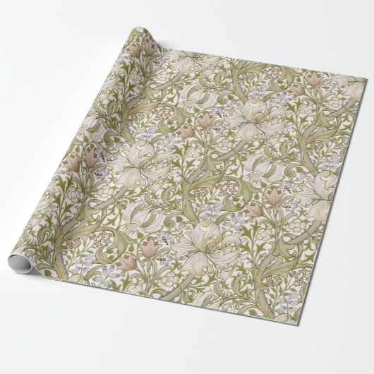 Papier Cadeau William Morris Jardin Fleur de Lys Classique Doré (Déroulé)