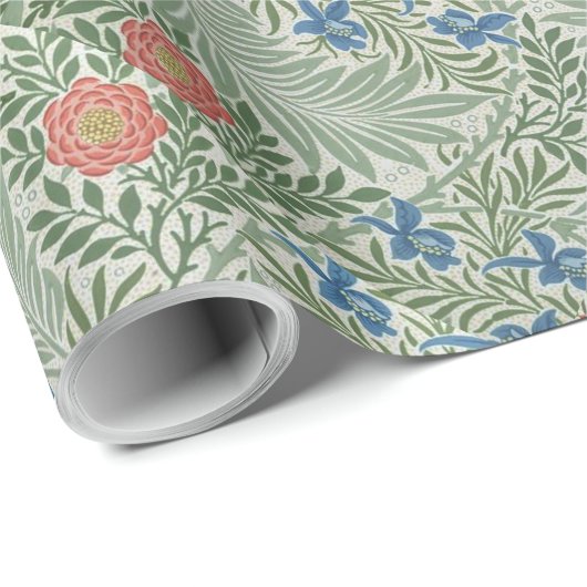 Papier Cadeau William Morris Larkspur Floral Vert rose bleu (Coin rond)