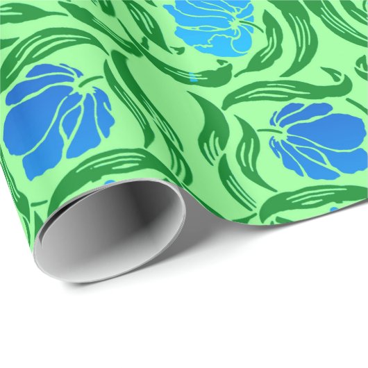 Papier Cadeau William Morris Pimpernel, Bleu et Vert Citron (Coin rond)