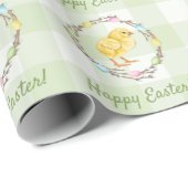 Papier Cadeau Willow Wreath And Chick Happy Easter Green Gingham (Coin rond)