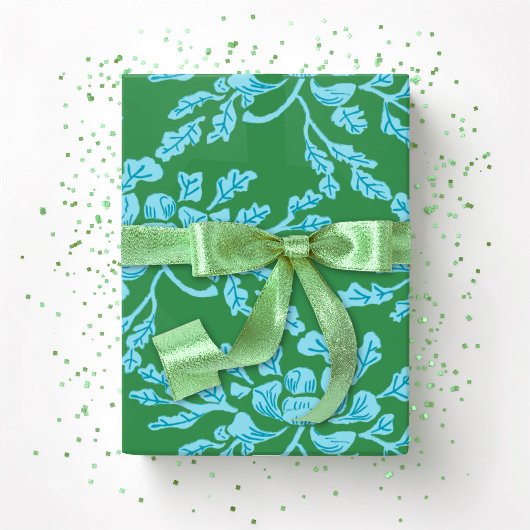 Papier Cadeau Winding Peony Woodcut in Green and Aqua