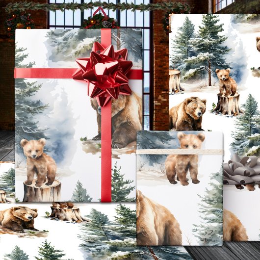 Papier Cadeau Winter Woodland Mère & Cube Grizzly Bear Pays