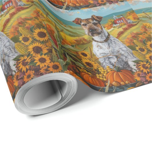 Papier Cadeau Wirefox Terrier Chien Automne Moisson Thankgiving (Coin rond)