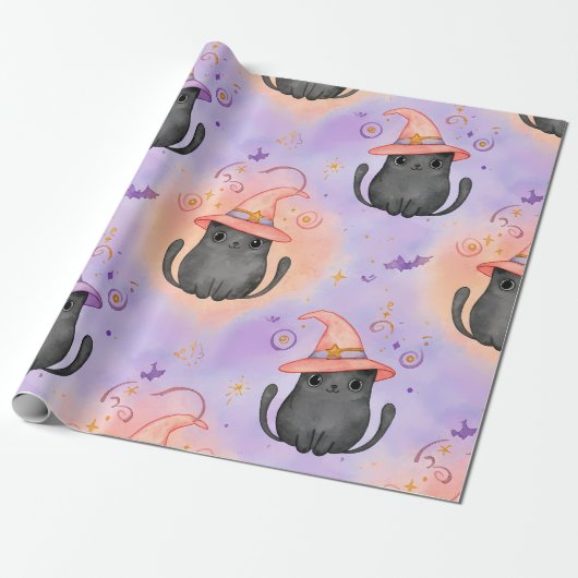 Papier Cadeau Witchy Whiskers – Pastel Halloween Cat Pattern (Déroulé)