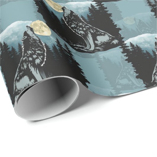 Papier Cadeau Wolf Howling À Moon Design Motif (Coin rond)