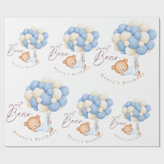 Papier Cadeau Woodland Bear Boy 1er Anniversaire Party Pastel (Plat)