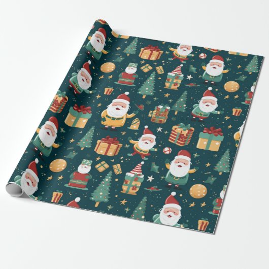 Papier Cadeau WP01 Santa Claus Arbre de Noël Boîte Cadeaux Vert (Déroulé)