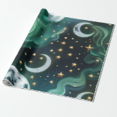 Papier Cadeau Wrapping Paper - Emerald Green Celestial Moon (Déroulé)