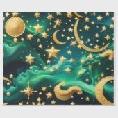 Papier Cadeau Wrapping Paper – Luxury Emerald Celestial Moon  (Plat)