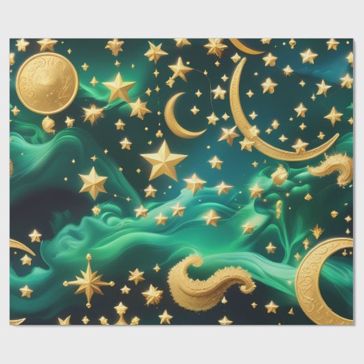 Papier Cadeau Wrapping Paper – Luxury Emerald Celestial Moon  (Plat)