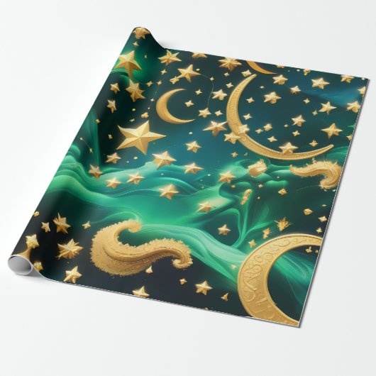 Papier Cadeau Wrapping Paper – Luxury Emerald Celestial Moon  (Déroulé)