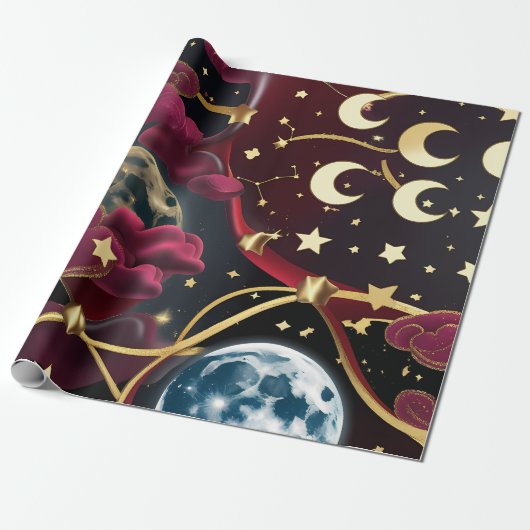 Papier Cadeau Wrapping Paper - Red Celestial Moon Design (Déroulé)