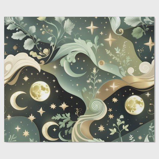 Papier Cadeau Wrapping Paper - Sage Green Celestial Moon (Plat)