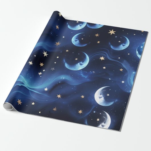 Papier Cadeau Wrapping Paper Sapphire Blue Celestial Moon (Déroulé)