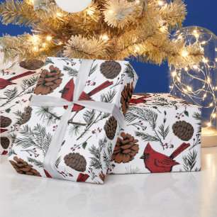 Papier Cadeau XL Hiver Perché Cardinal Rouge et cônes de pin