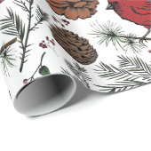 Papier Cadeau XL Hiver Perché Cardinal Rouge et cônes de pin (Coin rond)