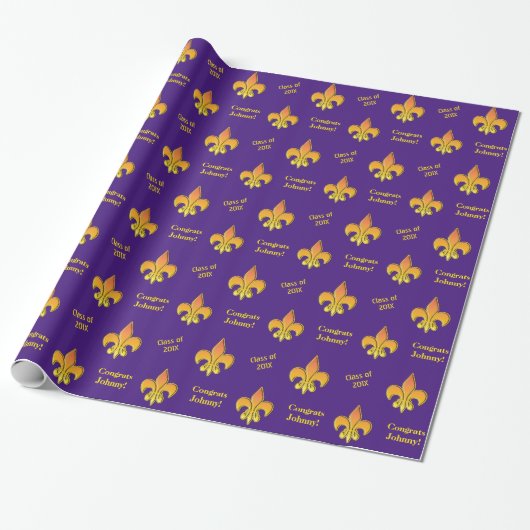Papier Cadeau Yellow Fleur de Lis pourpre personnalisé (Déroulé)