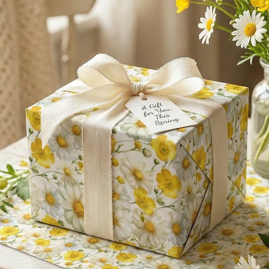 Papier Cadeau Yellow Watercolor Wildflowers Pattern 