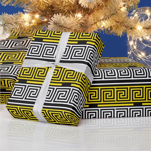 Papier Cadeau Yellow White Black Greek Key Fret Pattern Design 