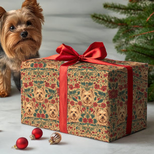 Papier Cadeau Yorkie victorien floral de vacances sur fond or vi