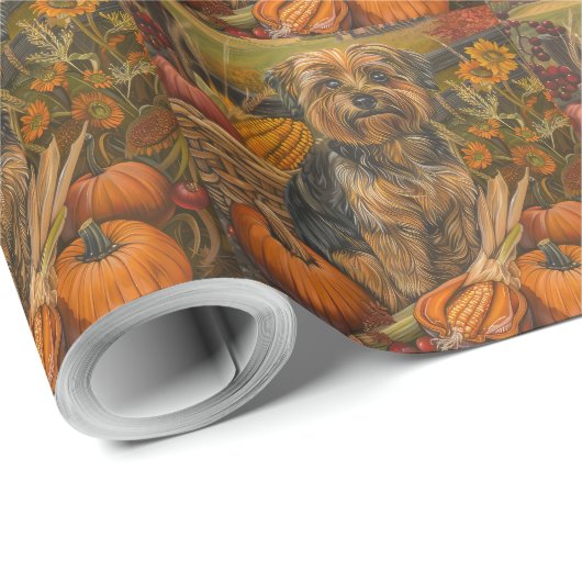 Papier Cadeau Yorkipod Chien automne récolte Thanksgiving (Coin rond)