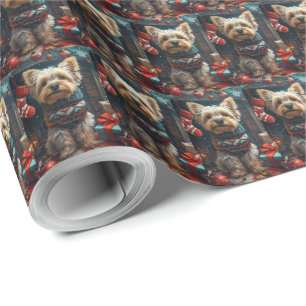 Papier Cadeau Yorkshire Terrier Avec Cheminée Cadeaux De Noël