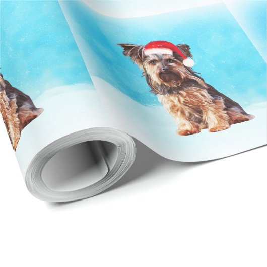 Papier Cadeau Yorkshire Terrier Chien avec Noël Santa Hat (Coin rond)