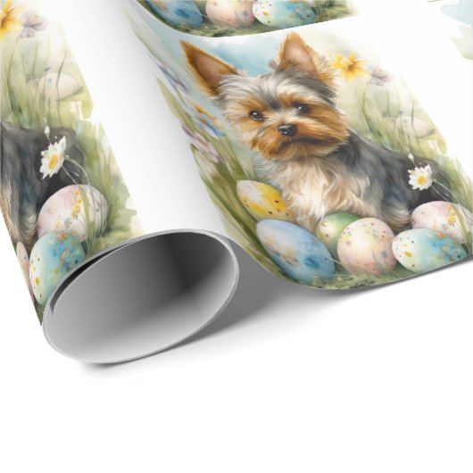 Papier Cadeau Yorkshire Terrier Chien Avec Oeufs De Pâques Vacan (Coin rond)