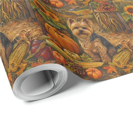 Papier Cadeau Yorkshire Terrier Chien Moisson Automne Moisson Th (Coin rond)