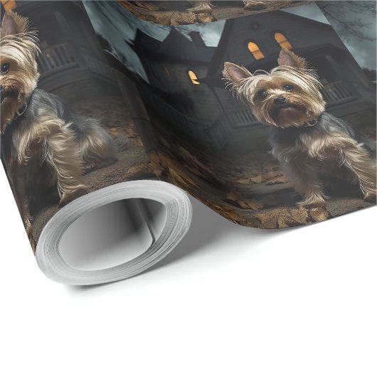 Papier Cadeau Yorkshire Terrier Halloween effrayant (Coin rond)