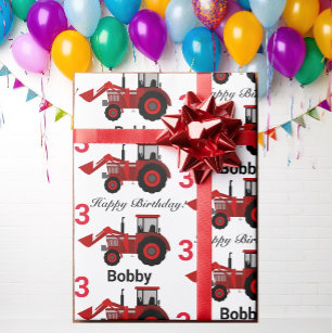 Papier Cadeau Young Boys Red Loader Tractor Nom n Age Anniversai