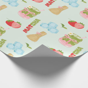 Papier Cadeau Yummy Strawberry Matcha avec Ruban 