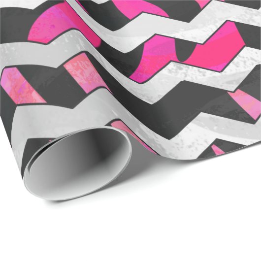 Papier Cadeau Zebra Chevron noir et rose chaud (Coin rond)