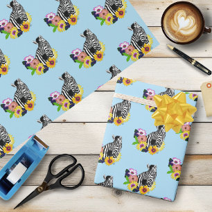 Papier Cadeau Zèbre Bleu Coloré Daisy Floral Faune